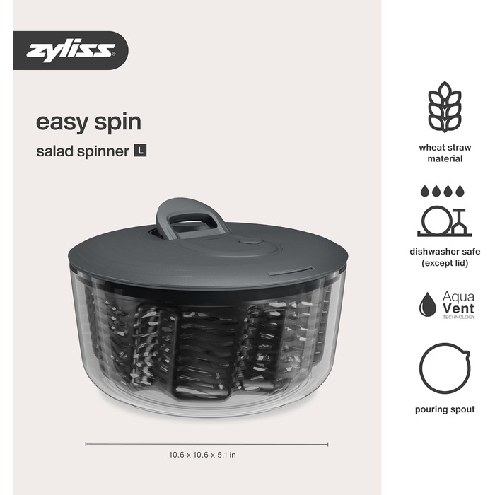 Салатниця Zyliss Easy Spin, 6 л, з мотузковим приводом, неслизьке дно, миска для подачі, AquaVent™-технологія, кнопка стоп, легко миється, сірий колір