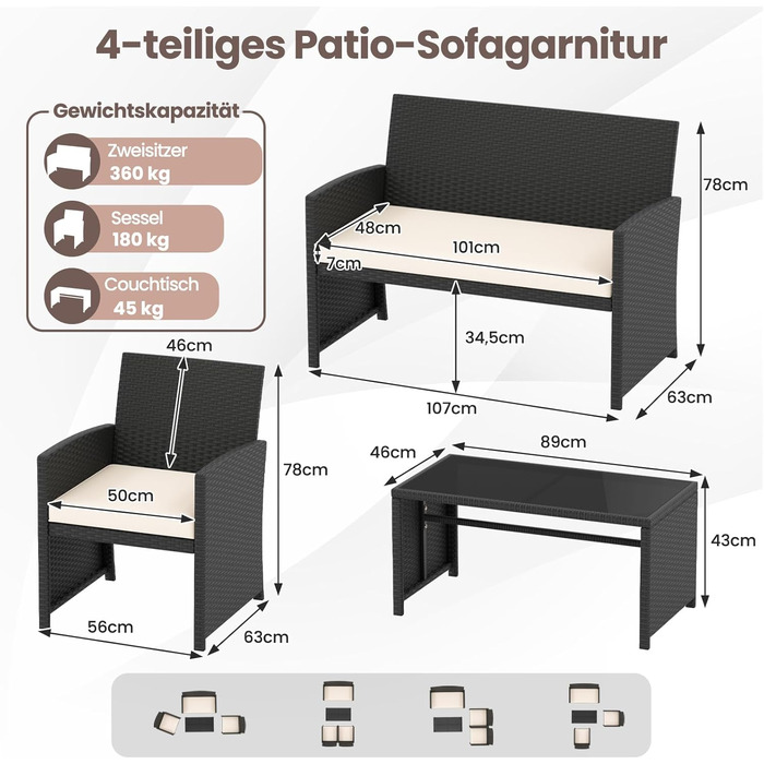 Садовий набір меблів COSTWAY з ротангу для балкона та тераси: диван, 2 крісла, стіл, подушки (Сірий + Чорний)