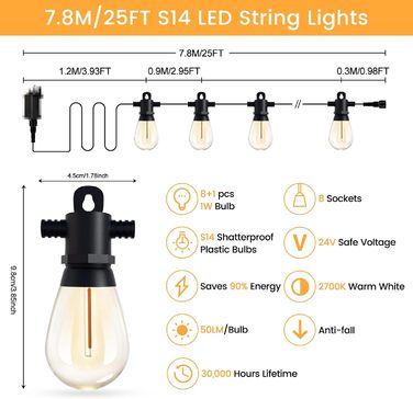 LED гірлянда для зовнішнього використання 30м з пультом, S14, 100FT, IP65, 30+2 лампочки, для саду, тераси, балкону, двору, тепле біле світло (2700k, 7.8 м)