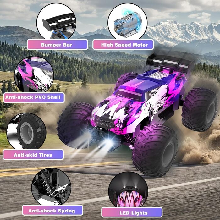 Радіокерований позашляховик FEIMUOSI 1:18 RC Car: LED підсвітка, 2.4GHz, 2 акумулятори, швидкість 20 км/год, для дітей та дорослих, фіолетовий