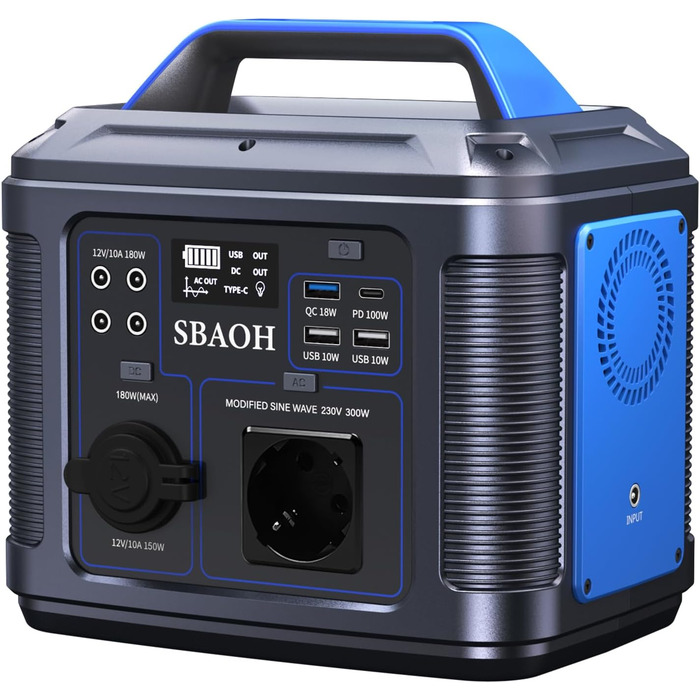 Портативна електростанція SBAOH 538.7Wh сонячний генератор, акумулятор з виходами AC/USB, 300W для подорожей, кемпінгу, відпочинку на природі та надзвичайних ситуацій