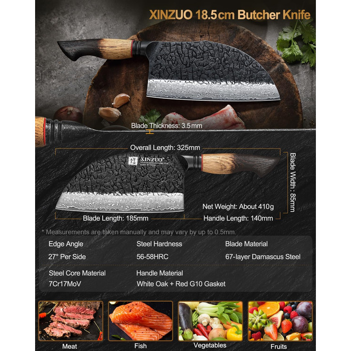 Ніж кухарський XINZUO Damaststahl 19,3 см з фінішною обробкою Hammer, професійний, з нержавіючої сталі Дамаск, з ергономічною ручкою з білого дуба, серія Mo