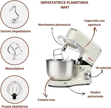 Міксер Girmi IM47 з нержавіючої сталі, 1500 Вт, 6 л, 10 швидкостей, для тіста до 2.4 кг