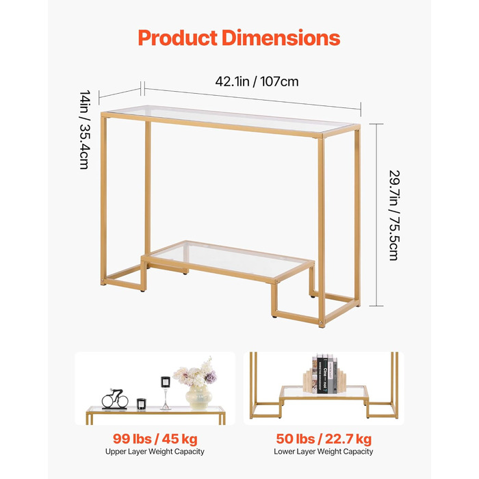 VEVOR Консольний столик з 2 ящиками, сучасний прямокутний, 107 x 35,4 x 75,5 см, з скляною стільницею, столик біля дивана з захистом від перекидання, для вітальні, передпокою, холлу