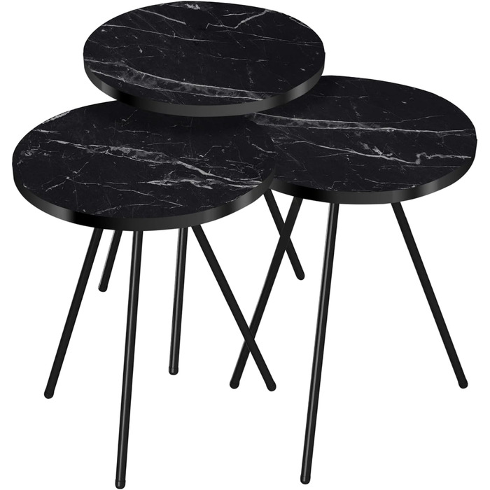 Набір приставних столів Набір гніздових столів Ølgod з 3 столів для вітальні з круглою стільницею та металевими ніжками Салонний стіл (мармур, чорний)