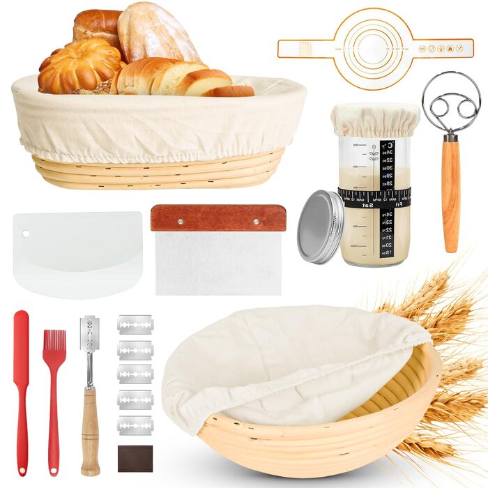 Набір для приготування закваски (12 шт.), 23,5см & 25,4см: корзини для бродіння, скляна тара для закваски, лопатки та мішалки для тіста. Ідеально для початківців