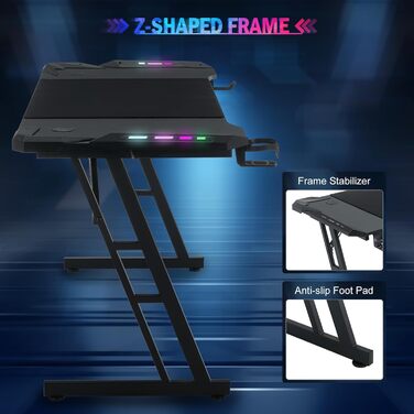 Ігровий стіл 120x60 см з LED Z-подрофкою, карбоновим покриттям, тримачем для напоїв та гачком для навушників. Стабільний та ергономічний стіл для геймерів та офісу.