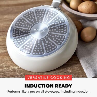 Набір посуду GreenPan x Bobby Flay 13 предметів: професійний алюміній, антипригарне покриття Ceramic, без PFAS/PFOA, індукційний, силіконові ручки, сумісний з посудомийною машиною (2.53QT соусниця з кришкою, кремовий)