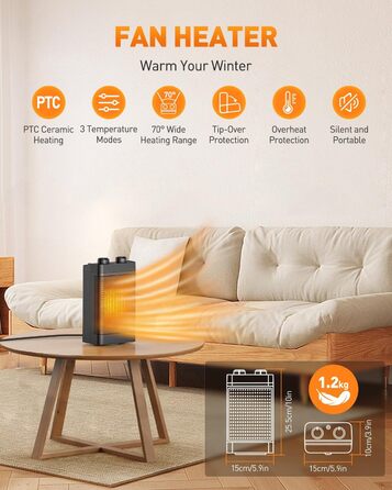 Електричний обігрівач з керамічним нагрівачем, 1500 Вт, 3 режими, осциляція 70°, захист від перекидання, тихий обігрівач для офісу, вітальні, спальні