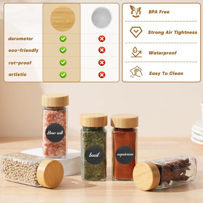 Набір скляних банок для спецій FRIBERG, 20 шт. з дерев'яними кришками, млини для спецій, етикетки