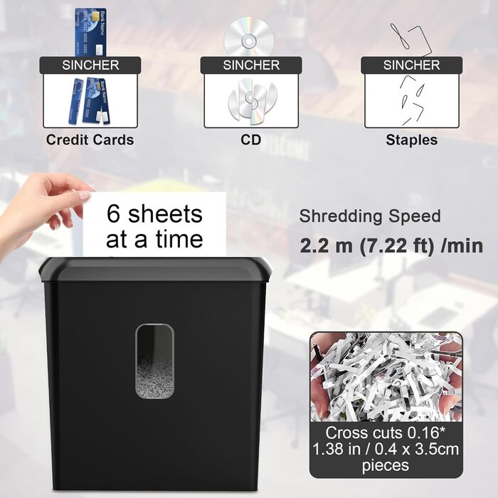Шредер для паперу з перехресним різанням, 6 листів, знищення CD та кредитних карт, 11л контейнер, SCH06 Ultra