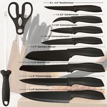 Набір ножів кухонних 15 шт. з дерев'яним блоком (з ножицями та точилкою). Набір ножів з блоком з масиву акації