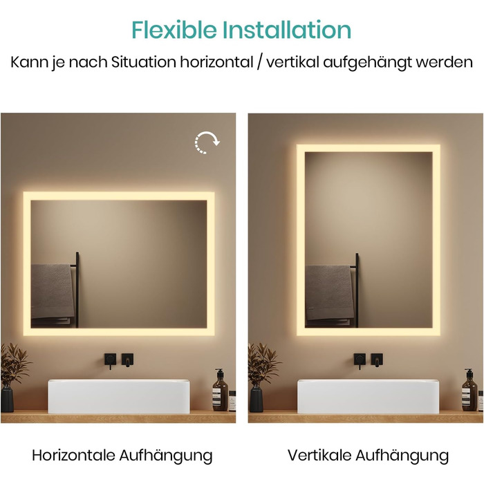 Дзеркало для ванної кімнати EMKE® з підсвічуванням 80x60 см, тепле біле світло 3000K, вимикач, вертикальна/горизонтальна установка, IP44, енергозберігаюче