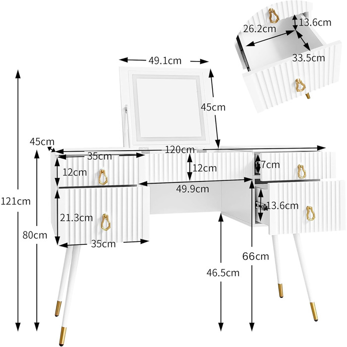 Туалетний столик Merax з дзеркалом та LED-підсвічуванням, з поличкою, 6 висувних ящиків, золоті ручки, білий, 102x100x41.5 см (без табурета)