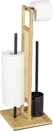 Комплект підлогового унітазу Rivalta Allegre, окремо стоячий туалетний комплект з йоржиком для унітазу, туалетним папером і запасним тримачем рулону, з бамбука, ротанга і чорної матової лакованої сталі, 25 х 73 х 25 см