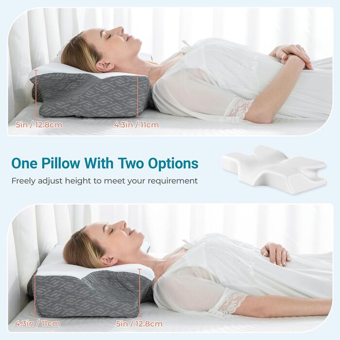 Ортопедична подушка Elviros з Memory Foam, ергономічна підтримка шиї для тих, хто спить на боці, спині та животі, знімний чохол, темно-сіра