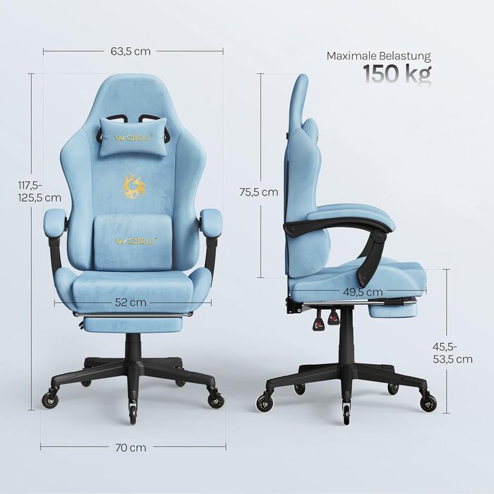 Ігровий крісло WOLTU з регульованою спинкою, обертовий офісний крісло з підлокітниками, підставкою для ніг, поперековою підтримкою, підголівником, блакитний