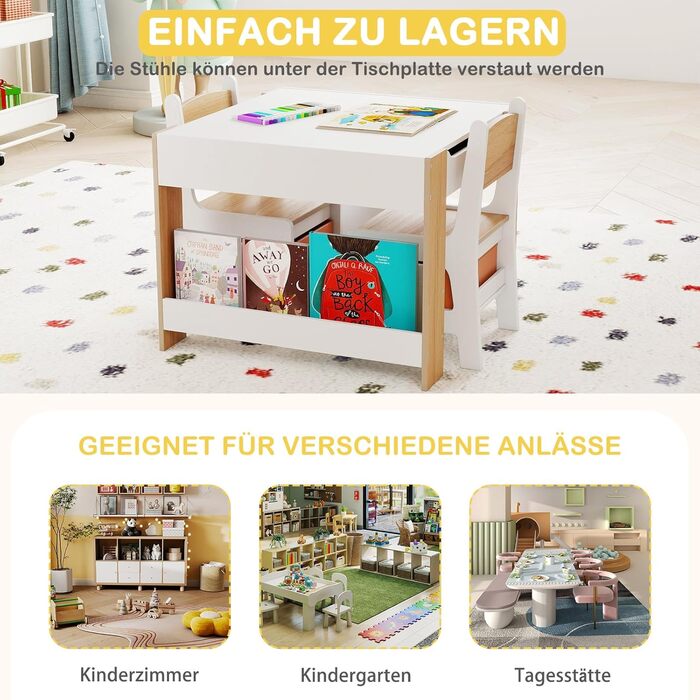 Детский стол со стульями COSTWAY 3 в 1, деревянный стол для рисования с ящиком, комплект детской мебели для детей от 3 лет, столешница с покрытием (Натуральный, Комбинированный)