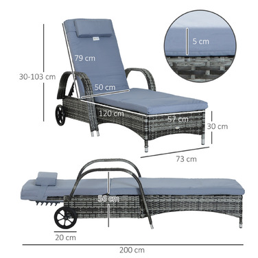 Outsunny Garden Furniture Садовий шезлонг Шезлонг мобільний з подушками, поліротанг і метал, сірий, регульований 200x73x30-103см для саду та тераси