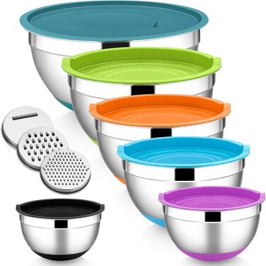 Набір мисок HaWare 6 шт. з нержавіючої сталі, 6 мисок + 6 кришок + 3 тертки, об'єм 4.6/2.8/2.5/1.6/1.2/0.7л, з антиковзним силіконовим дном, для миття в посудомийній машині