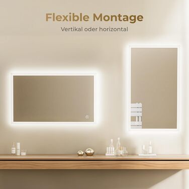 Дзеркало для ванної кімнати з підсвічуванням LED 120x60 см, велике, диммер, сенсорний вимикач, вертикальна/горизонтальна монтаж, 6500K (холодне біле світло)