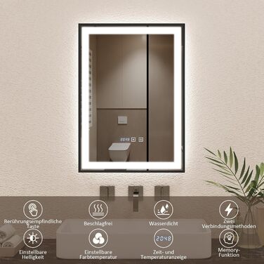 Дзеркало для ванної кімнати YOURLITE з підсвіткою, 85x55 см, LED, сенсорне керування, 3 кольори світла, регулювання яскравості, протизапобігання запотіванню, вертикальна/горизонтальна орієнтація, IP44, білий (чорний-5070)