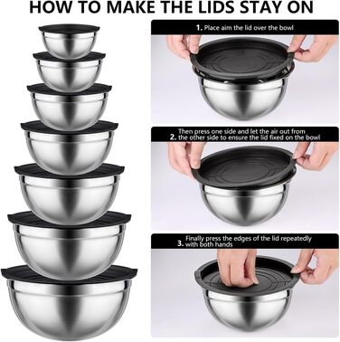 Набір місок для перемішування з кришками, 26 предметів: міски, чаші з нержавіючої сталі для випічки, змішування, подачі та приготування їжі. Об'єми: 5, 3.7, 2.8, 2.3, 1.7, 1.1, 0.7 л + 12 кухонних аксесуарів