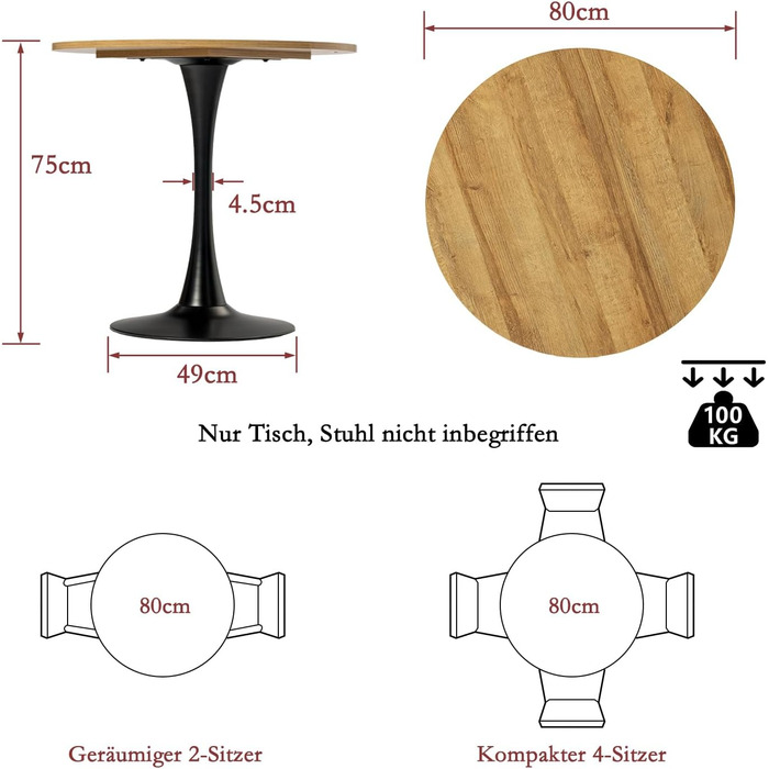 Круглий обідній стіл Cosy - 80x80x75 см, дуб + чорний, для кухні, вітальні, офісу
