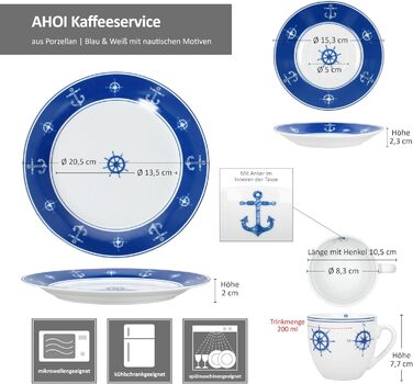 MamboCat AHOI кавовий сервіс 18 предметів (6 осіб) блакитно-білий порцелан з морськими мотивами (якір) | 6 чашок 200 мл, 6 тарілок, 6 підставок