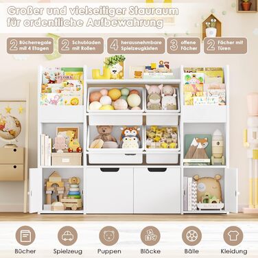 FOREHILL Дитяча полиця для іграшок та книжок, меблі для дитячої кімнати, полиця для дитячої з 2 ящиками на колесах, шафка для дитячих речей з 4 ящиками, 126x30x104 см (Білий/Рожевий)