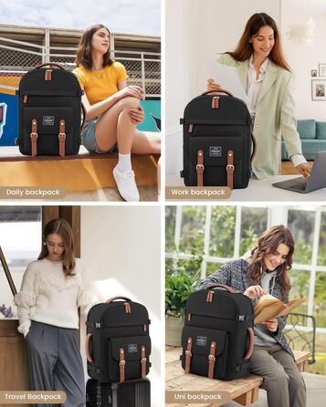 Рюкзак LOVEVOOK для ручної поклажі в літак, жіночий, водонепроникний, універсальний, для ноутбука 17 дюймів, шкільний, для студентів, подорожей, чорний/коричневий, 45x32x15 см