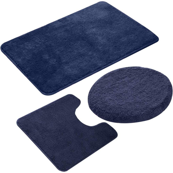 Набір килимків для ванної кімнати ELEOPTION (3 шт.): килимок для ванни, килимок для туалету, антиковзкий, м'який, вбираючий (темно-синій)