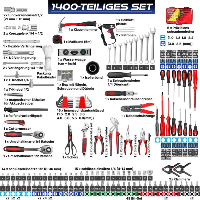 Набір інструментів MASKO 1400 предметів в алюмінієвому кейсі на колесах для дому, авто та хобі | Професійний інструментальний візок