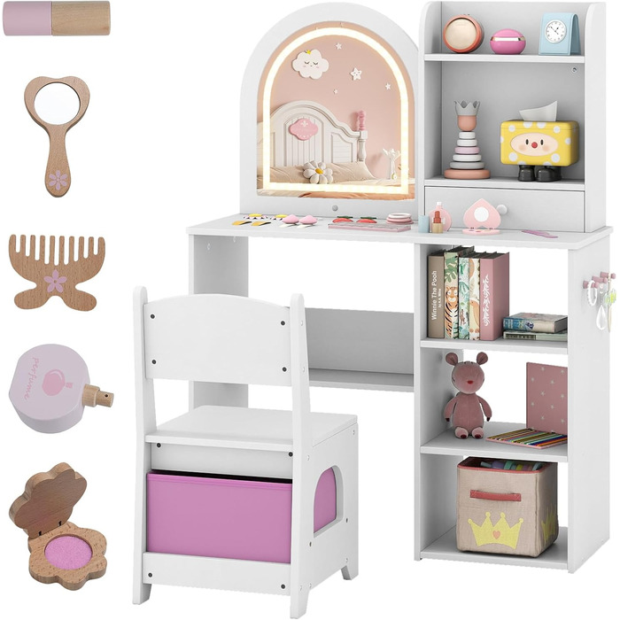 Дитячий туалетний столик LIFEZEAL 2 в 1 з дзеркалом та пуфом, з шухлядою, для дівчаток від 3 років (білий)
