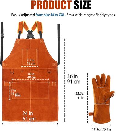 Швейний фартух QeeLink зі шкіряними рукавичками - фартух зі 6 кишенями, вогнестійкий та термостійкий для зварювальників (колір: коричневий, розмір: 61 x 91 см)