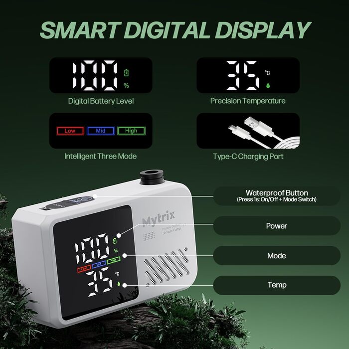 Митрікс Портативна душова система для кемпінгу: 10л/хв, акумулятор 7800mAh, 4 режими, IPX8, для подорожей та автомиття