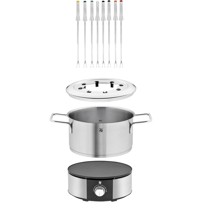 Електричний набір для фондю WMF Lono на 8 осіб: регулювання температури, індукційний горщик 1.2л, з нержавіючої сталі, з тримачем для виделок