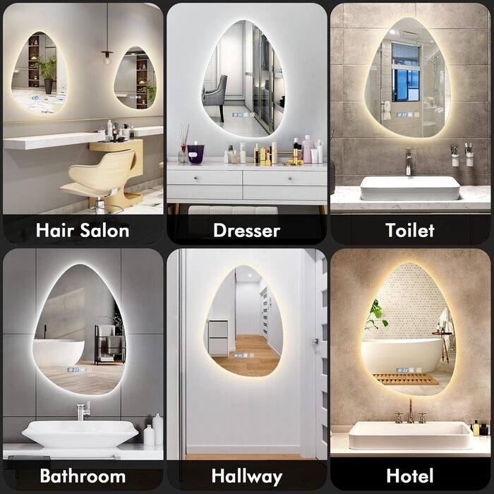 Круглий дзеркало для ванної кімнати з підсвічуванням, 60 см, антизапар, LED, Bluetooth, сенсорне управління, 3000K-4000K-6500K, регулювання яскравості, HD-загартоване скло, дзеркало для ванної кімнати з підсвічуванням (500x700 мм, краплеподібної форми)