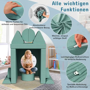 Дитяче ігрове диван-конструктор MAMIZO Cord, 15 частин, екологічний, зелений колір