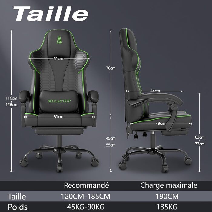 Ергономічне геймерське крісло з підніжкою, Racing-модель, регульована підголовник та поперекова підтримка, для дому та геймінгу, білий (зелений)
