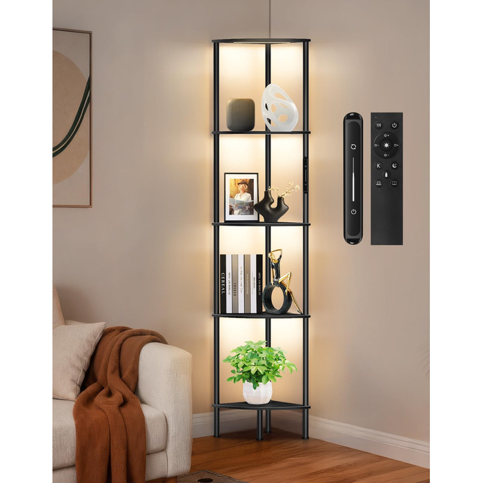 LED торшер з полицею, 3 режими світла, димування (сенсор/пульт), кутова полиця 5 рівнів, вузька книжкова шафа для вітальні, спальні, офісу, чорний