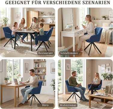 Обідні крісла поворотні, сірі, з підлокітниками, 6 шт. М'які крісла для кухні та вітальні з металевими ніжками, з тканини (темно-синій льон)