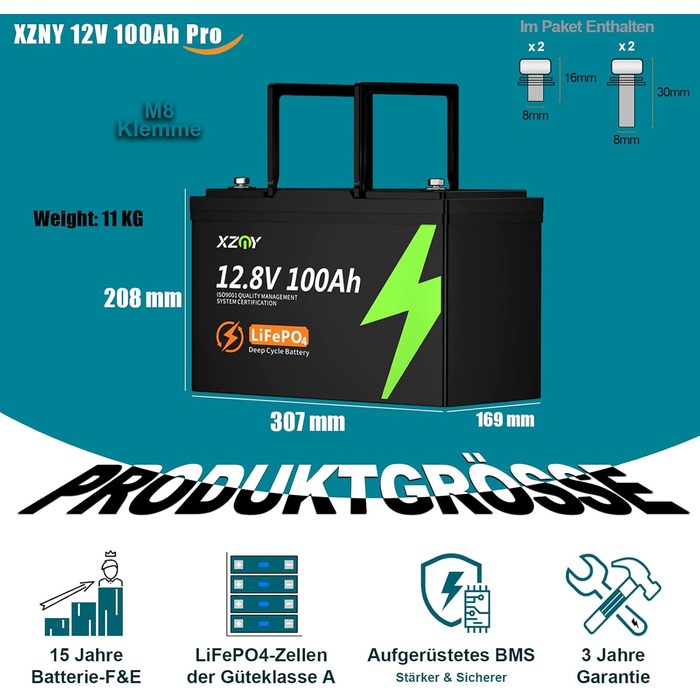 Літієва батарея XZNY 12V 100Ah Mini LiFePO4 зі 100A BMS, для автофургонів, сонячних батарей та автономної мережі (3 упаковки)