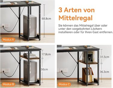 Комп'ютерний стіл Coleshome з висувними ящиками з тканини, 130x48 см. 2 розетки та 2 USB-порти для зарядки. Стільниця з полицею, реверсивний офісний стіл для дому та офісу (Чорний, 130x48x75.7 см)