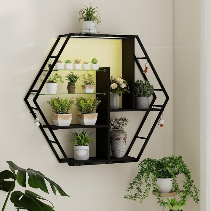 Підвісні полиці YU YUSING з RGB підсвічуванням (7 кольорів), з 8 гачками, для ігор, декору, спальні, кухні, бару, ігрової кімнати, гексагональної форми, 100x20x87 см