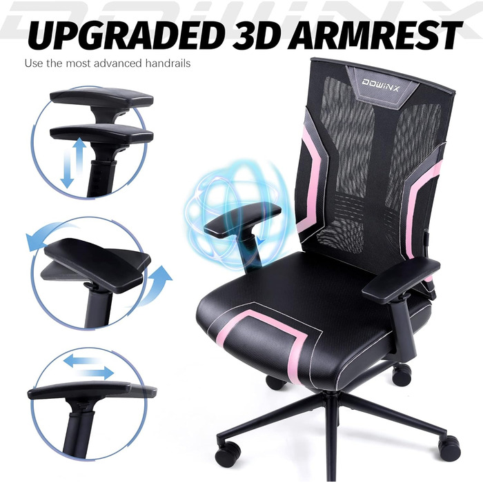 Ігровий крісло Dowinx для офісу та дому: ергономічний, з підлокітниками 3D, функцією гойдання, шкіра, поворотний, чорно-сірий
