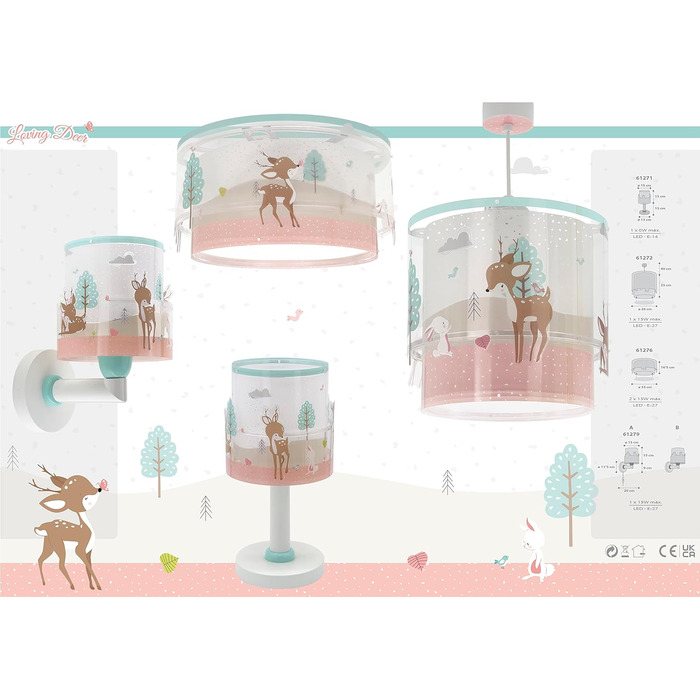 Стельовий світильник Dalber дитяча кімната, стельовий світильник для дітей Loving Deer олені тварини рожевий, 61276, E27