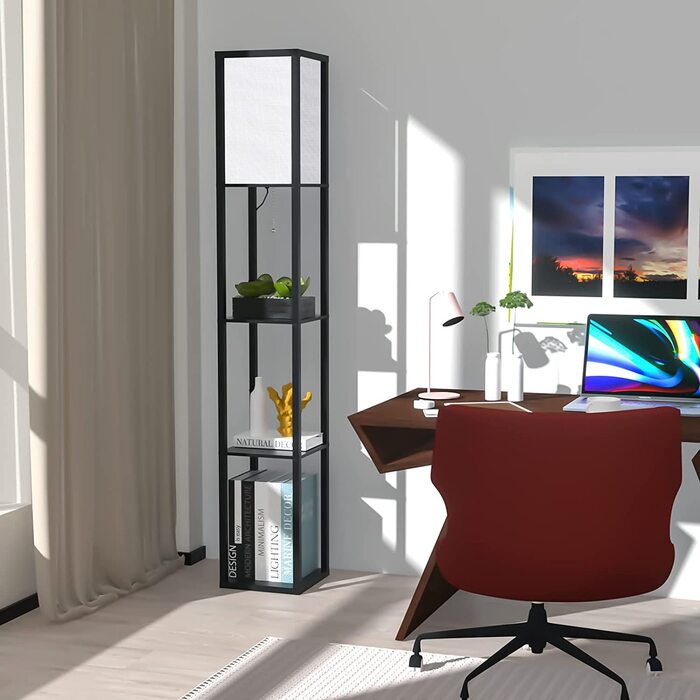 Торшер з дерев'яною поличкою Stehlampe, чорний, 3 режими світла, 1.62м для вітальні, спальні, офісу