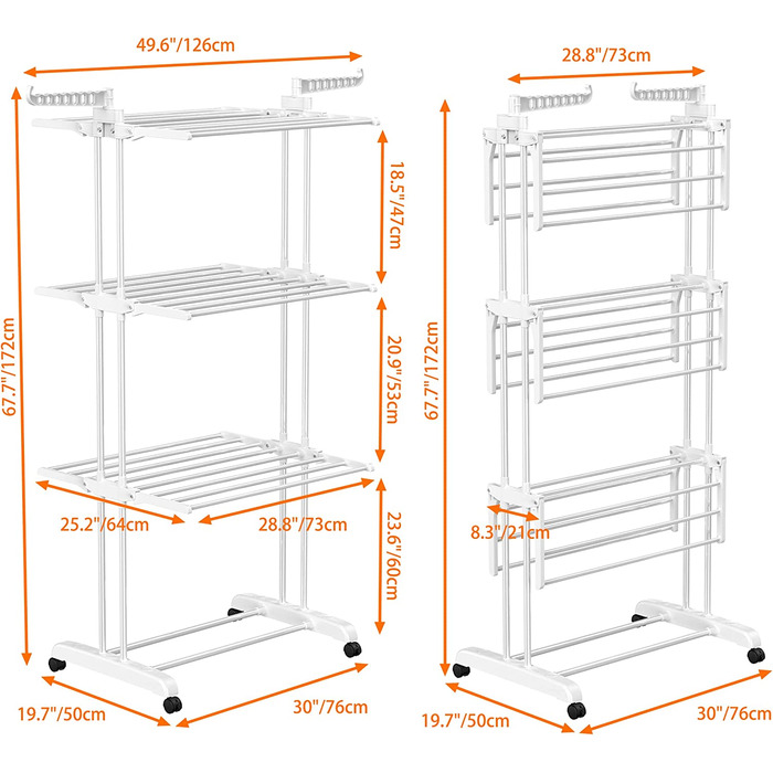 Сушарка для білизни SIMPDIY вертикальна баштового типу, розкладна сушарка з 6 крилами та 2 бічними панелями на колесах для дому та вулиці, біла