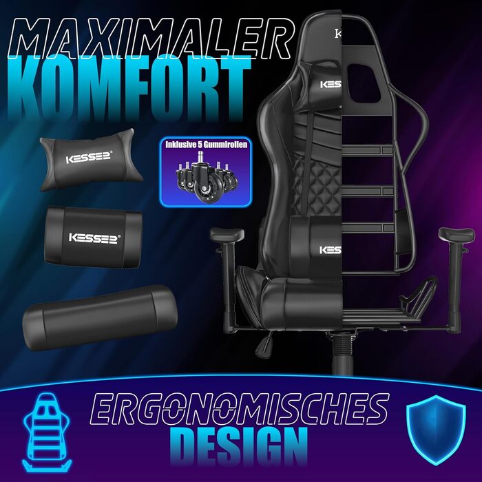 Крісло ігрове KESSER® Ergonomisch з підголівником та поперековою подушкою | Крісло для офісу, геймінгу | Макс. навантаження 150 кг | 360° | Чорний колір